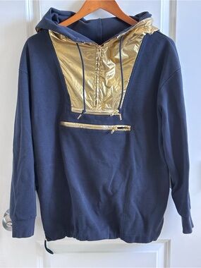 J. Crew Navy Hooded Zip-Up Sweatshirt with Gold Accent